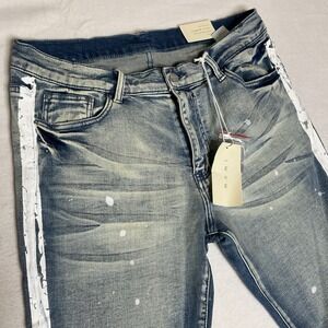 New Men's MNML Jeans x86 Stretch Track Skinny Light Blue Distressed‎ Denim 36L